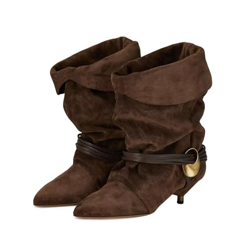 Agodor Women's Slouchy Ankle Boots - Pointed Toe Kitten Heels Booties Wide Calf Boho Suede Cowboy Boots Fold Over Mid Calf Slip On Comfortable Shoes