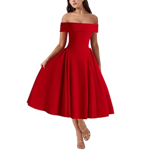 Image of Women's Summer Off Shoulder Fit and Flare Midi Dress - Sleeveless Sexy A Line Corset Club Party Going Out Dresses