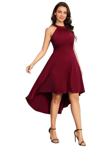 Ever-Pretty Vestido de Dama de Honor Vintage sin Mangas A-línea Escote Halter Alto Bajo para Mujer Elegantes Burdeos XL