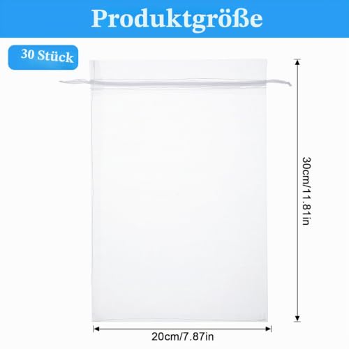 30 Stück Organzasäckchen 30×20 cm Geschenk Hochzeit Säckchen Organzabeutel Mit Kordelzug Kleine Organza Beutel Beutelchen Geschenkbeutel Weiß Schmucksäckchen Schmuckbeutel für Bonbonsbeutel Party