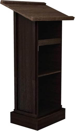 44" Tall Wooden Podium Stand, Church Pulpit Lectern with Mic Stand Space, 2-Tier Storage, Sliding Shelf & Cup Holder for School Classroom Seminar