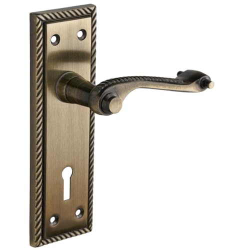 Designer Levers - Georgian Roped Design Lever Door Handles - Antique Brass - 1 Pair - Bathroom Locking Door Handle - with Thumbturn