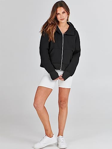 Anrabess Women Cropped Full Zip Hoodies Fleece Zip Up Long Sleeve Oversized Sweatshirts Cute Teen Girl Hooded Winter Clothes 2023 Outfits Pullover Sweater With Pockets Black A1015Heise-S #TOP4