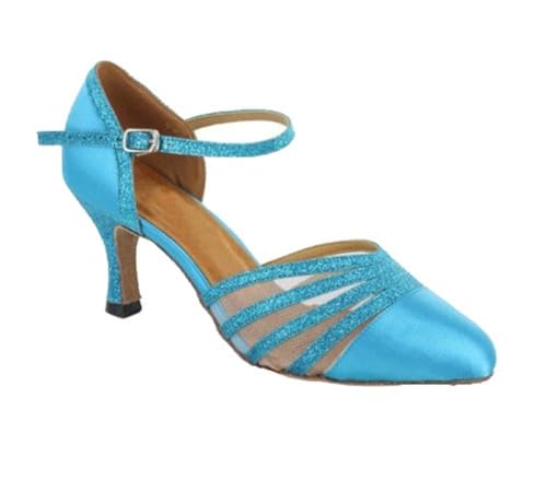 Chaussures de danse latine en maille bleue avec talon de 7.5 cm pour femme