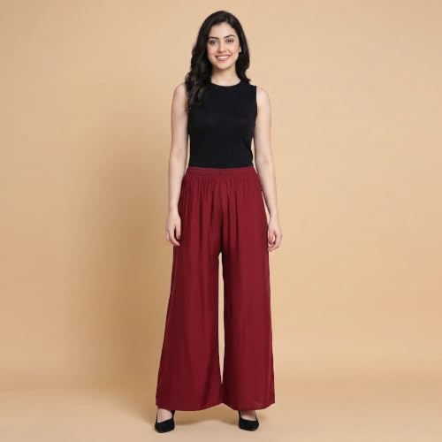 Image of FASHION GALLERY Women's Solid Rayon Palazzo Pants | Relaxed Fit Full Length Wide Leg Palazzo | Elastic Waist Comfortable Casual Lounge Office Ethnic Flared Trousers for Women