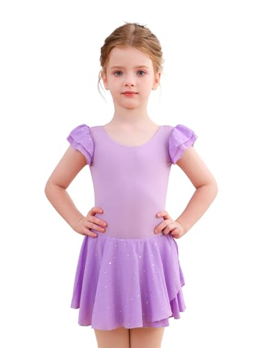 Mecceos Ballet Leotards for Girls Ruffle Sleeve Ballet Dance Dress Tutu Skirted Leotard Toddler Girls (4-5T，PU Purple