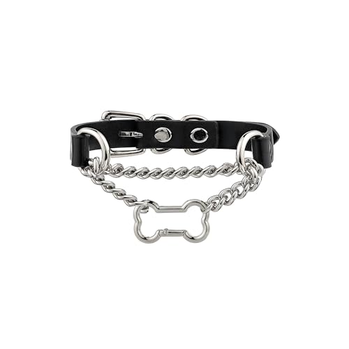 Black/Pink Leather Choker Collar For Women, Handmade Gothic Slip Chain Necklace with Bone Clasp