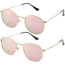 Small Round Polarized Sunglasses for Men Women Classic Circle Metal Frame Sun Glasses 2 Pack