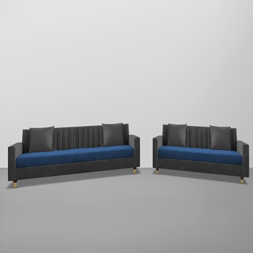 Image of Casaliving Garcia 3+2 Seater Sofa Set for Living Room (Black - Blue)