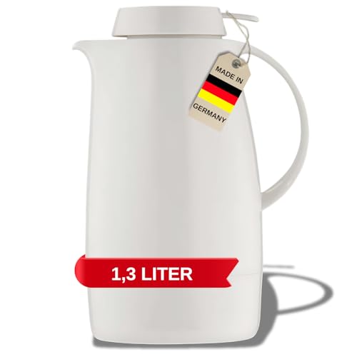Helios Servitherm Thermoskanne Weiß 1,3L – 6h Heiß - Hält Getränke heiß & kalt – Einhandbedienung - Robustes Design für Kaffee & Tee