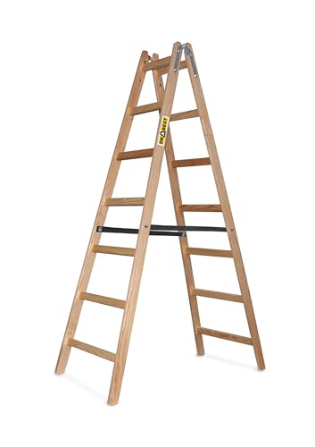 DRABEST - Holzleiter - für Malerarbeiten - 2X 7 Sprossen - m lang - bis 150 kg - Arbeitshöhe 2,11m 3,6 m - Klappbar - Tritt-, Bock-, Stehleiter - Beidseitig Begehbar, Imprägniert - mit Eimerhaken