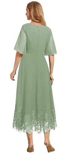 Tea Length Mother of The Bride Dresses for Women V Neck Beaded Chiffon Evening Formal Dress with Sleeves Short2