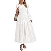BTFBM Fall Dresses for Women 2025 Casual Long Sleeve V Neck Elastic Waist Lightweight Maxi Wedding Guest Dress Pockets(White, Medium)