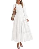 BTFBM Fall Dresses for Women 2025 Casual Long Sleeve V Neck Elastic Waist Lightweight Maxi Wedding Guest Dress Pockets(White, Medium)