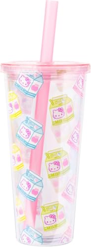 Image of Silver Buffalo Sanrio Hello Kitty Milk Carton Pattern Plastic Boba Tumbler w Lid and Wide Straw, 24 Ounces (Pack of 12)