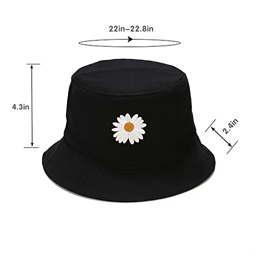 Diasy Flower Embroidery Black Bucket Hat For Women, Summer Travel Beach Outdoor Sun Hat #TOP5