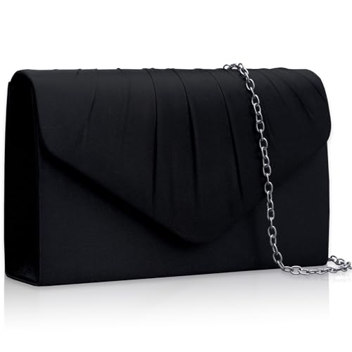 Larcenciel Elegante bolsa clutch feminina de cetim preto para noite, bolsas plissadas de festa com alça de corrente destacável, bolsa feminina formal para casamento, coquetel, baile, baile, 23 x 13 x