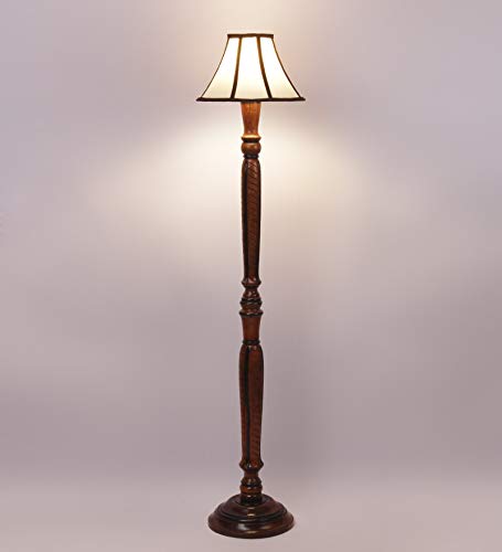 Image of Devansh Cotton Drum Designer Fashionable Wooden Carving Floor Lamp for Home Decor (Off White& Brown, Medium)