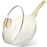 High-Rim Frying Pan, 30CM 5.1L Non-Stick with Glass Lid, Granite Non-Stick Coating with Helper Handle, Healthy Non Toxic Cooking Pan, PFOS/PFOA Free, for All Hob Types, White