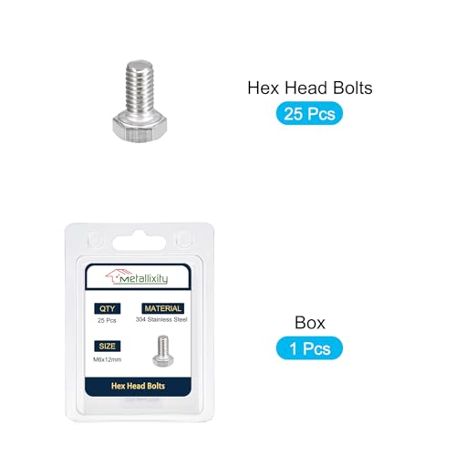 Image of METALLIXITY Hex Bolts (M6-1x12mm) 25Pcs, 304 Stainless Steel Coarse Fully Threaded Hex Head Screw Bolt Machine Screws - for Furniture Repair, Silver