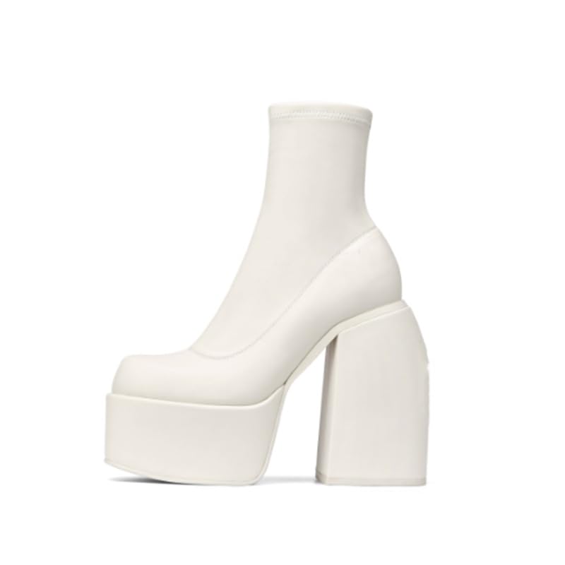 Ladies square toe thick heel high heel waterproof platform elastic and slim boots patent leather Womens boots