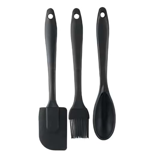 Kit de Utensílios de Cozinha em Silicone Inteiriço, 3 Peças – Espátula, Colher e Pincel, Preto