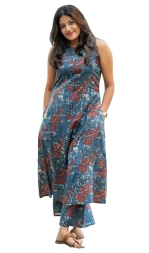 Image of Klosia Women Pure Cotton Kurta Palazzo Set | Sleeveless Printed Kurta with Palazzo Pants | Summer Friendly, Office Wear Co-Ord Set