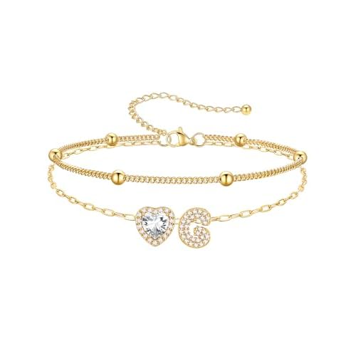 PROSTEEL A-Z Initial Ankle Bracelets for Women Waterproof, Layered Chain Anklet Stainless Steel Summer Beach Anklets, Silver/Gold 8.5-10.5 Inch Adjust