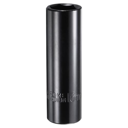 sourcing map 1/2 Drive 6 Point Socket 16mm Metric Deep Impact Socket Chrome Vanadium Alloy Steel Square Drive 6-Point Sockets Mechanic Hand Tool for Pneumatic Wrench, Black Glossy