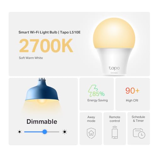 Tapo TP-Link Smart Light Bulbs, 800 Lumens (60W Equivalent), 2700K Soft Warm White LED Bulb, Dimmable, Compatible with Alexa and Google Home, No Hub