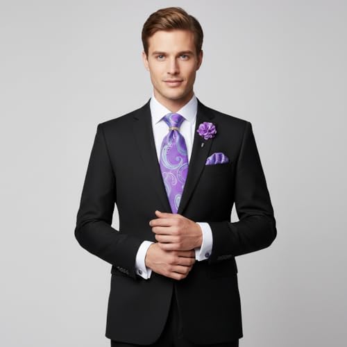 Image of 5PCS Tie and Pocket Square for Men, Silk Necktie and Handkerchief Cufflinks with Gold Ring and Lapel Pin Set