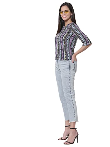 Image of Style Quotient Women Black and Multi Geometric Printed Polyester Smart Casual Top