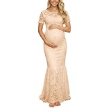 Générique 2026 été Robe de soirée élégante de maternité avec col en V, Manches Longues, Dentelle Transparente, Coupe Moulante, traîne au Sol, pour Femme Enceinte (Beige, L)