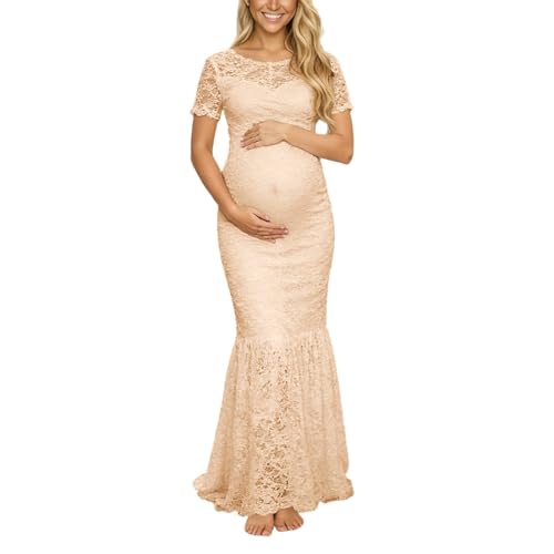 Générique 2026 été Robe de soirée élégante de maternité avec col en V, Manches Longues, Dentelle Transparente, Coupe Moulante, traîne au Sol, pour Femme Enceinte (Beige, L)