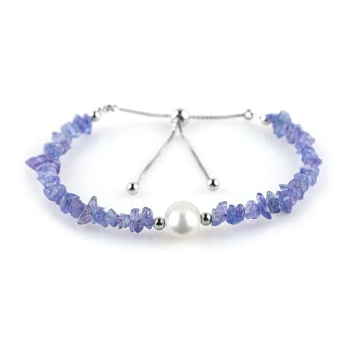 CRYSTALIS Natural Tanzanite Beads Slider Bolo Bracelet with Elegant Pearl, High Grade Nuggets Crystal, Chakra Healing Gemstone, Gift Giving Women Jewelry, 925 Sterling Silver Slider 10 inch