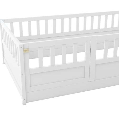 Bellemave Twin Floor Bed with Full-Length Horizontal Safety Fence and Door, Solid Pine Wood Montessori Bed for Kids Girls Boys Floor Bed Frame, White no slats - Image 6
