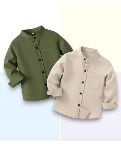 Image of Boys Mandarin Collar Shirt with Chest Pocket Beige and Rama Blue Color, Long Sleeve Button-Down Casual Shirt Pack of 2