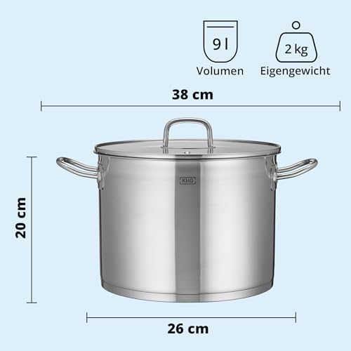 KHG Kochtopf 26 cm, 9 Liter Induktion aus Edelstahl mit Glasdeckel