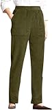 LOVESHOOT Army Green M Corduroy Pants for Women Elastic High Waist Pull On Straight Leg Slacks Casual Comfy Fall Winter Trousers with Pockets