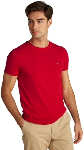 Tommy Hilfiger Herren T-Shirt Kurzarm Stretch Slim Fit Tee Rundhalsausschnitt, Mehrfarbig (Medium Red), L