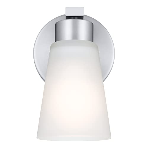 Image of Kichler Stamos Wall Sconce 1-Light with Satin Etched Glass, Modern Bathroom or Hallway Light in Brushed Nickel, (8 inch H x 5 inch W x 6 inch D)