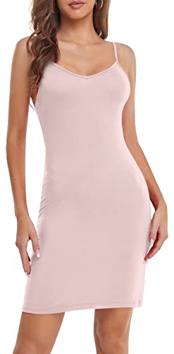 Qzzater Women's Basic Under Dress Adjustable Spaghetti Straps Full Slips Sexy Chemise Nightgown V Neck Nightwear Light Pink XX-Large