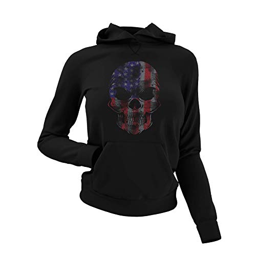 knut Fashion & Streetwear Women's Pullover America Hoodie Women USA Flag Unisex US Flag Skull Jumper Hoodie Sweatshirt Top Made of Cotton Black White XS - 3XL, black, S