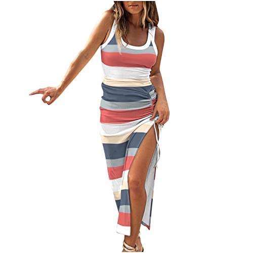 AMhomely Dresses for UK Sleeveless High Waist Solid and Printed Ribbed Drawstring Ruched Sexy High Slit Dresses Trendy Tunic Dresses for Vacation Cocktail Formal Work Wedding Activewear Red