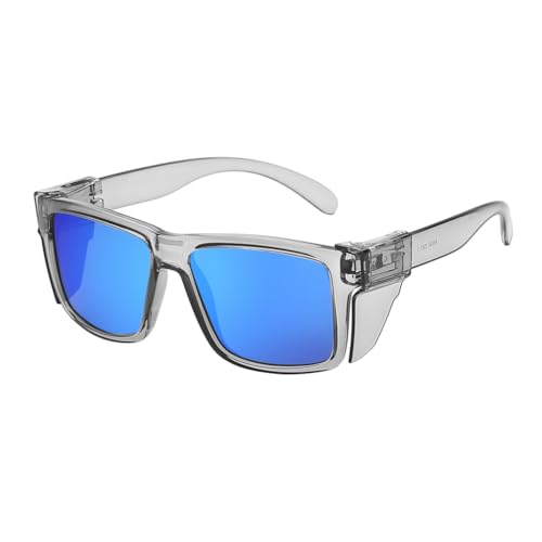 BINGKING Lentes de sol polarizados de seguridad para hombres y mujeres, protección ANSI Z87UV400 de alta resistencia a los impactos con escudo lateral, Espejo gris azul polarizado