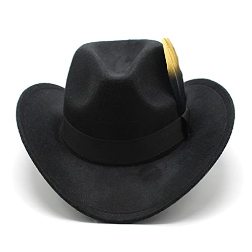 Wyfdp Western Cowboy Hat Feather Woolen Jazz Hat Men And Women Ethnic Style Autumn And Winter Felt Hat Big Brim Hat (Color : A, Size : 56-58Cm) #TOP26