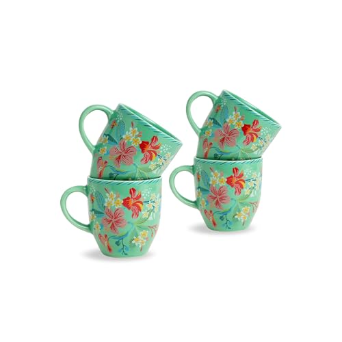 Image of Shay Ceramic Coffee Mug Set, Set of 4, 300ml, Big Bold Floral | Medium Mug | Glossy Finish | Ceramic Cup | Microwave Safe (Mint Big Bold Milk Mug, Set of 4)