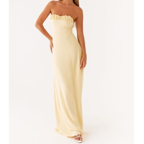 Image of Women Tube Top Maxi Dress 2025 Elegant Sleeveless Strapless Ruched Flowy Summer Long Wedding Party Cocktail Dresses