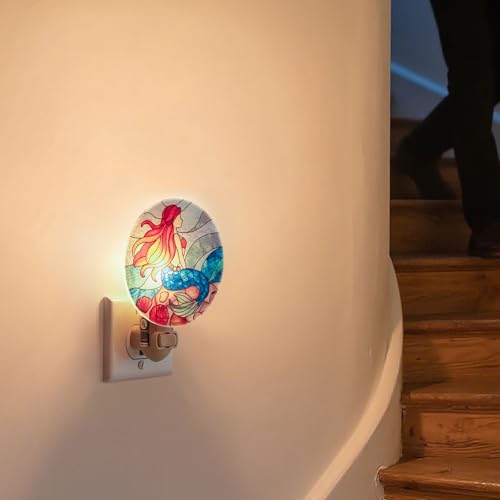 Image of Coastal Night Light Little Mermaid Plug in Wall Girls Room Bathroom Ocean Theme Made with Real Glass, Bulb Included, Manual On & Off