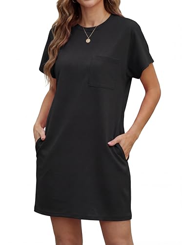GRECERELLE Sommerkleid Damen Kurzarm Strandkleid Elegant Rundhals Lässige Freizeitkleid Frauen Kleider mit Taschen Einfarbig Summer Dressed Tshirt Leicht und Luftig Freizeitkleider (Schwarz L)